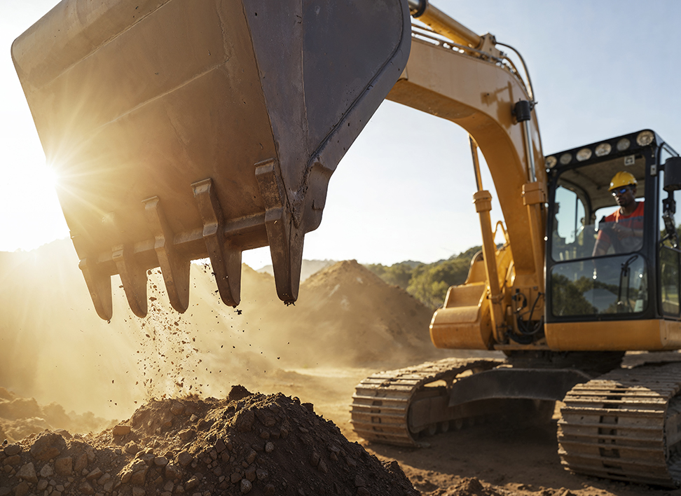 Mini excavator digging in a field with the sun behind it